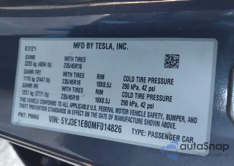 2021 Tesla Model 3 Long Range Dual Motor All-Wheel Drive z USA, uszkodzony, nr VIN 5YJ3E1EB0MF014826